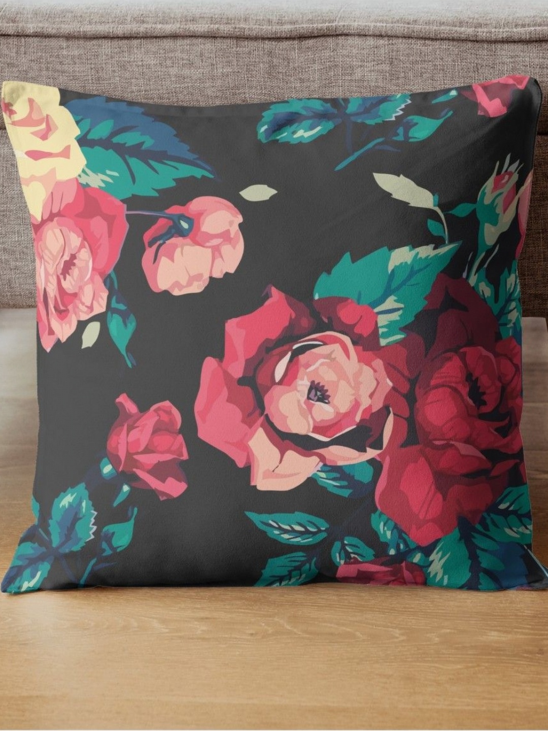 

THEYAYACAFE Black & Red Floral Square Cushion Covers