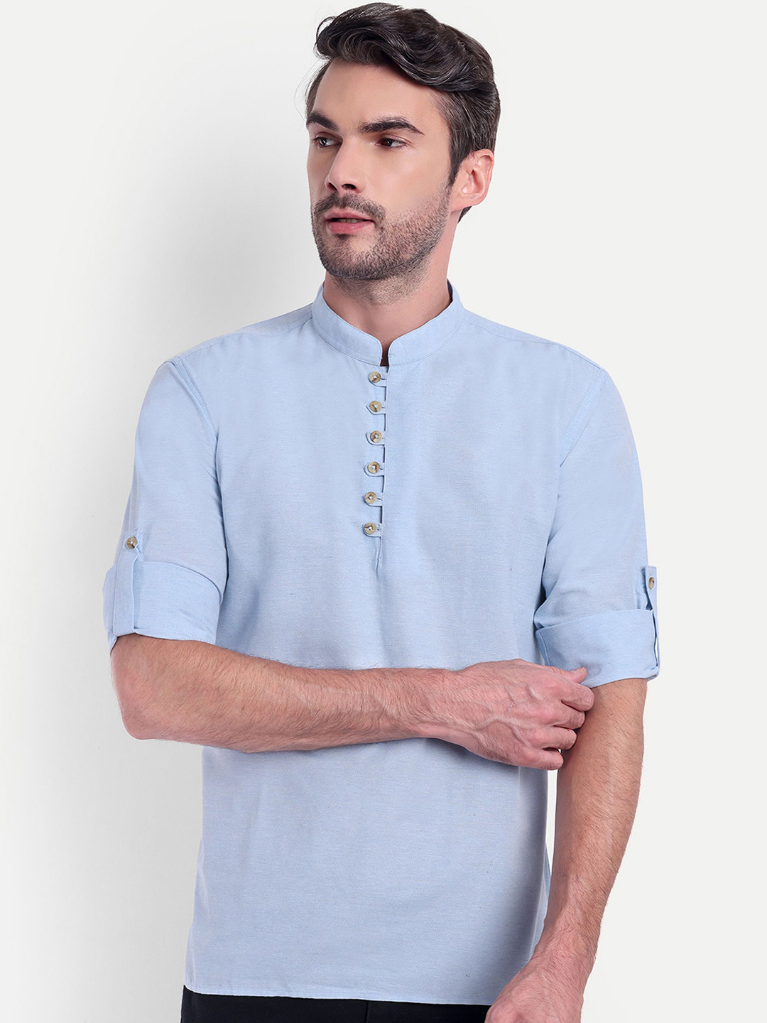 

LIFE ROADS Mandarin Collar Roll-Up Sleeves Cotton Straight Short Kurta, Blue