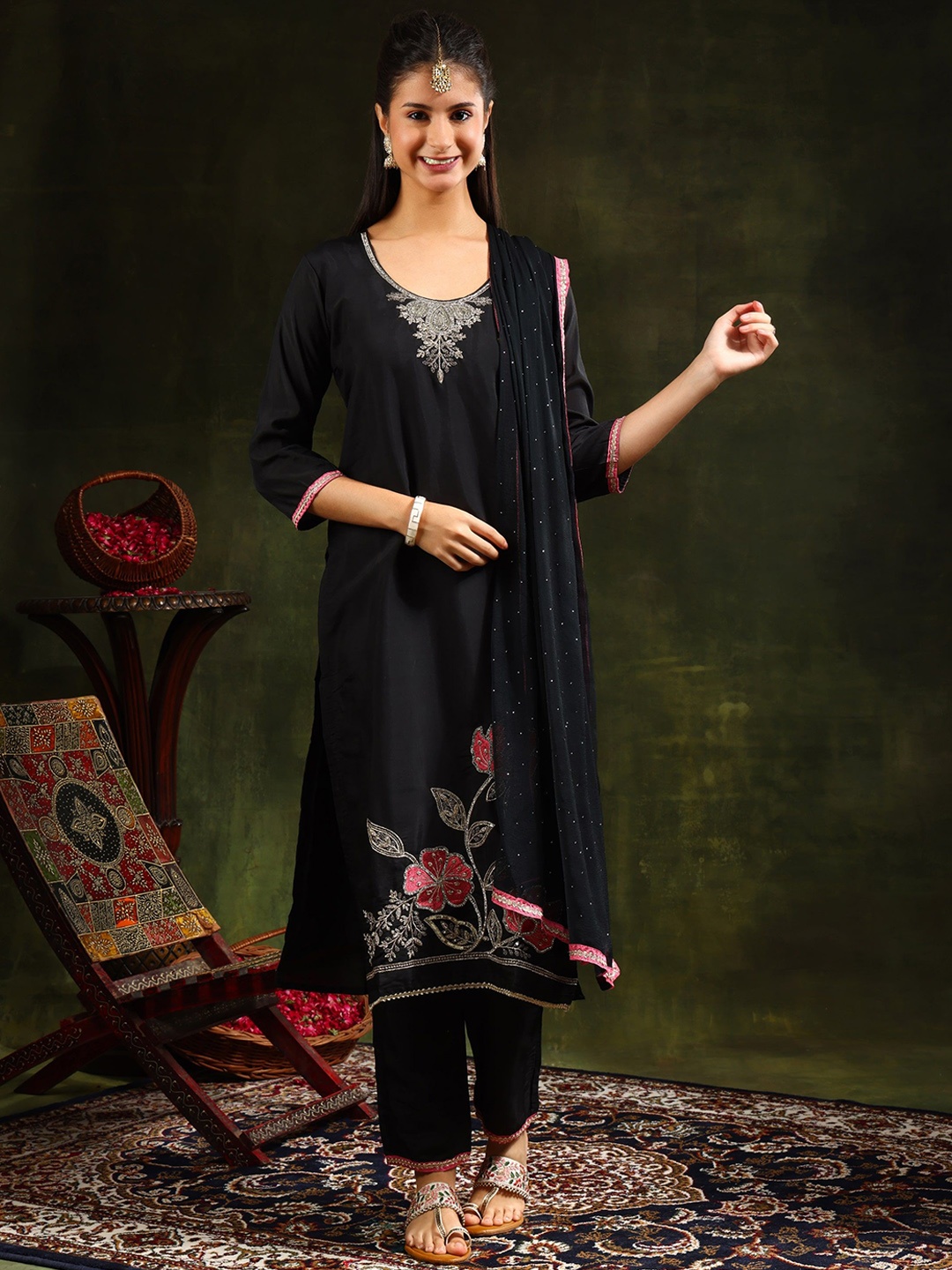 

KALINI Floral Embroidered Sequinned Chanderi Cotton Kurta with Trousers & Dupatta, Black