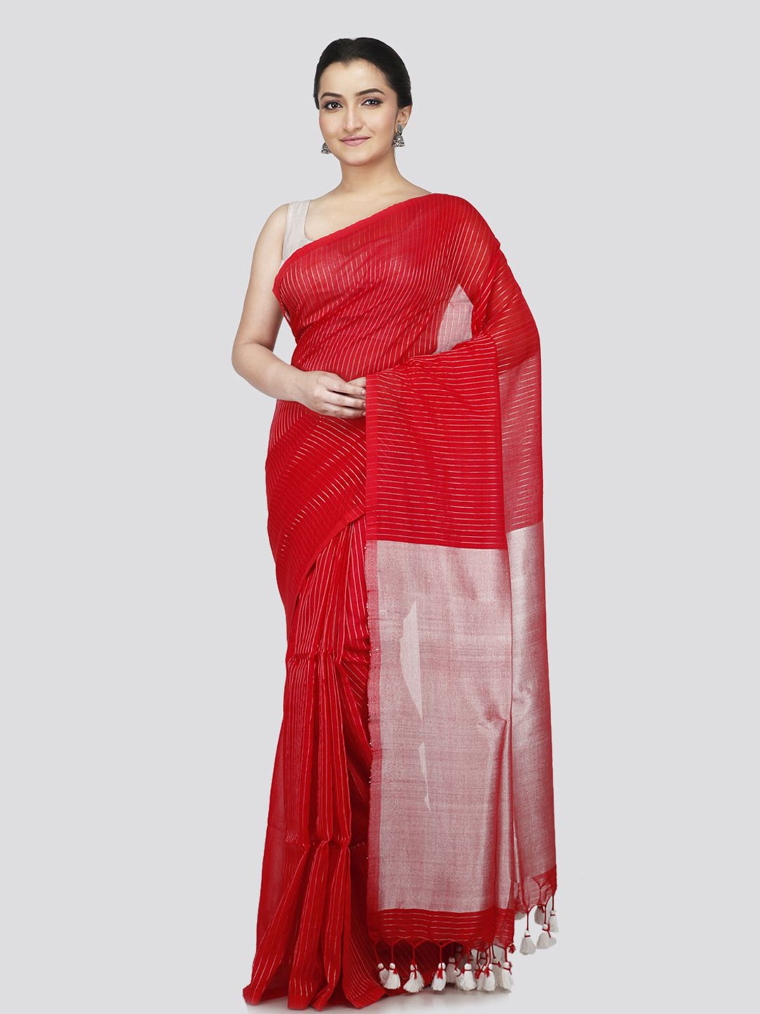 

PinkLoom Striped Zari Pure Cotton Saree, Red