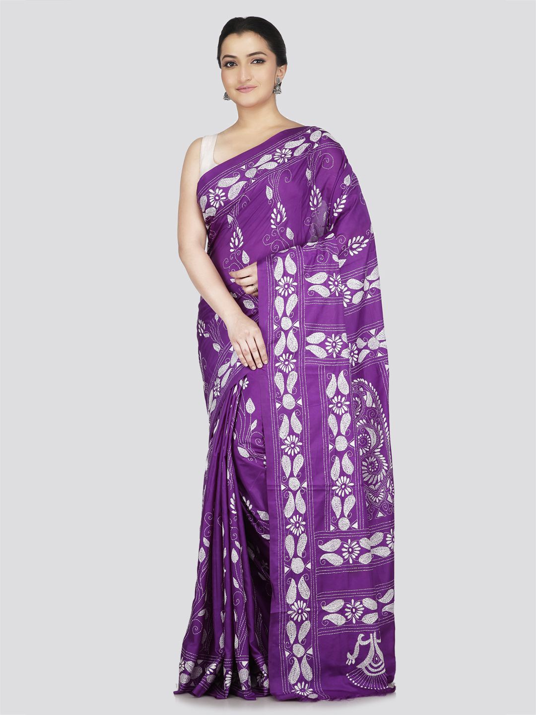 

PinkLoom Paisley Kantha Work Pure Silk Saree, Purple