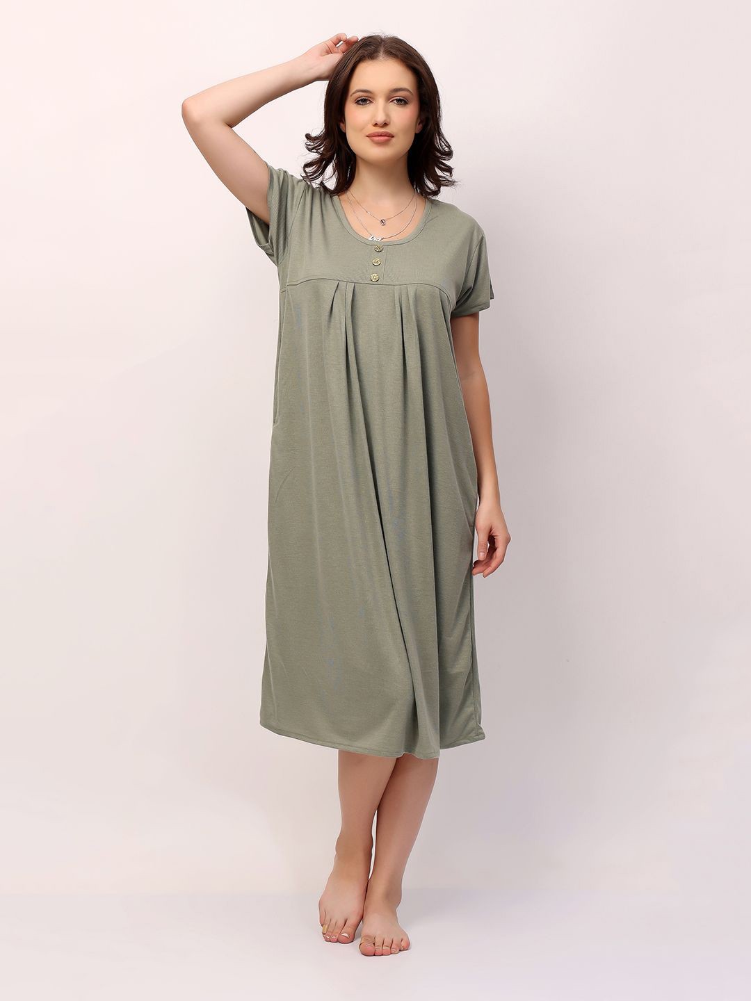 

NIGHT KEYS A-line Solid Midi Nightdress, Green