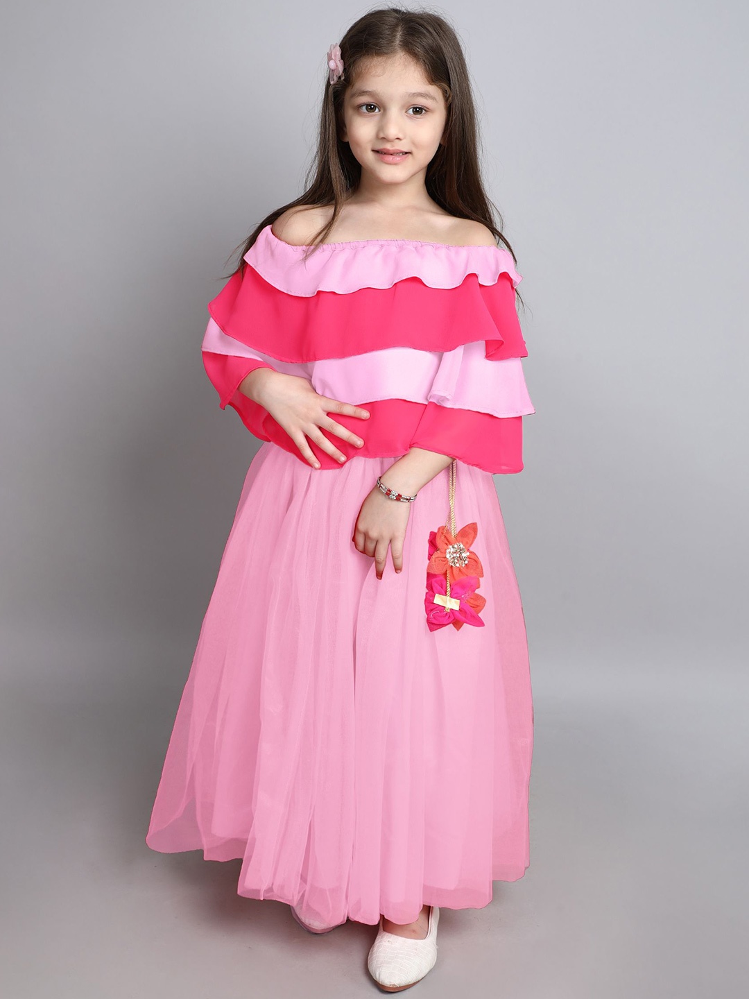 

MANY FROCKS & Girls Colourblocked Layered Ready to Wear Lehenga With Blouse, Pink