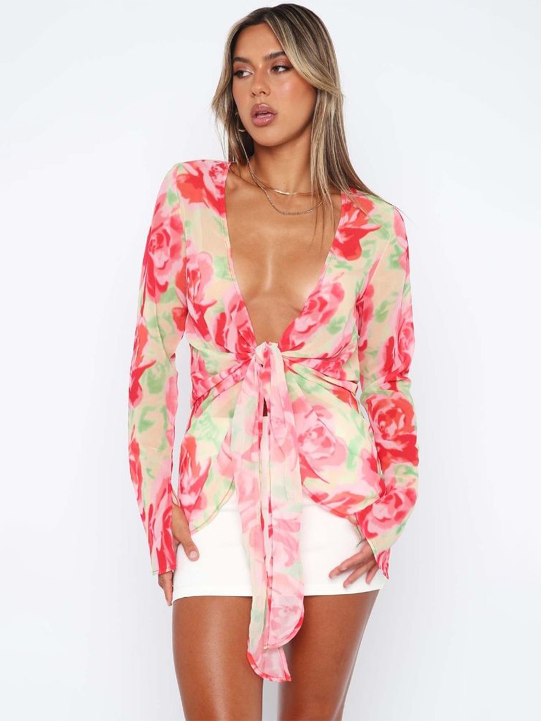 

LULU & SKY Floral Print Flared Sleeve Wrap Top, Pink