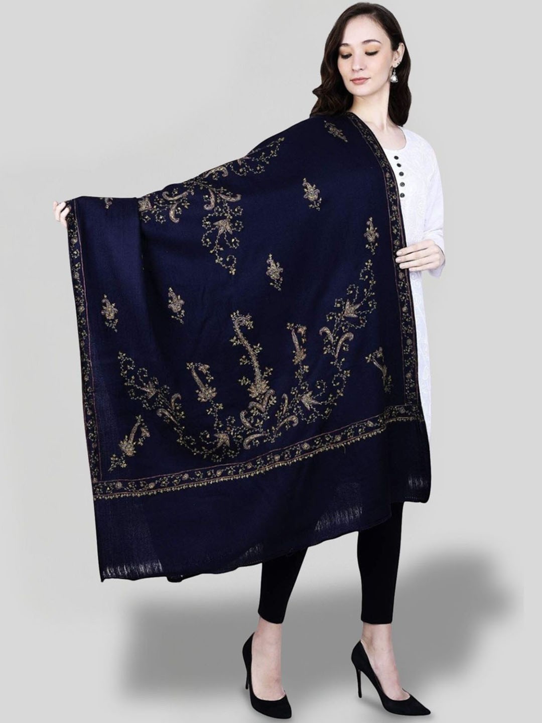 

SWI Stylish Floral Embroidered Pure Woollen Shawl, Navy blue