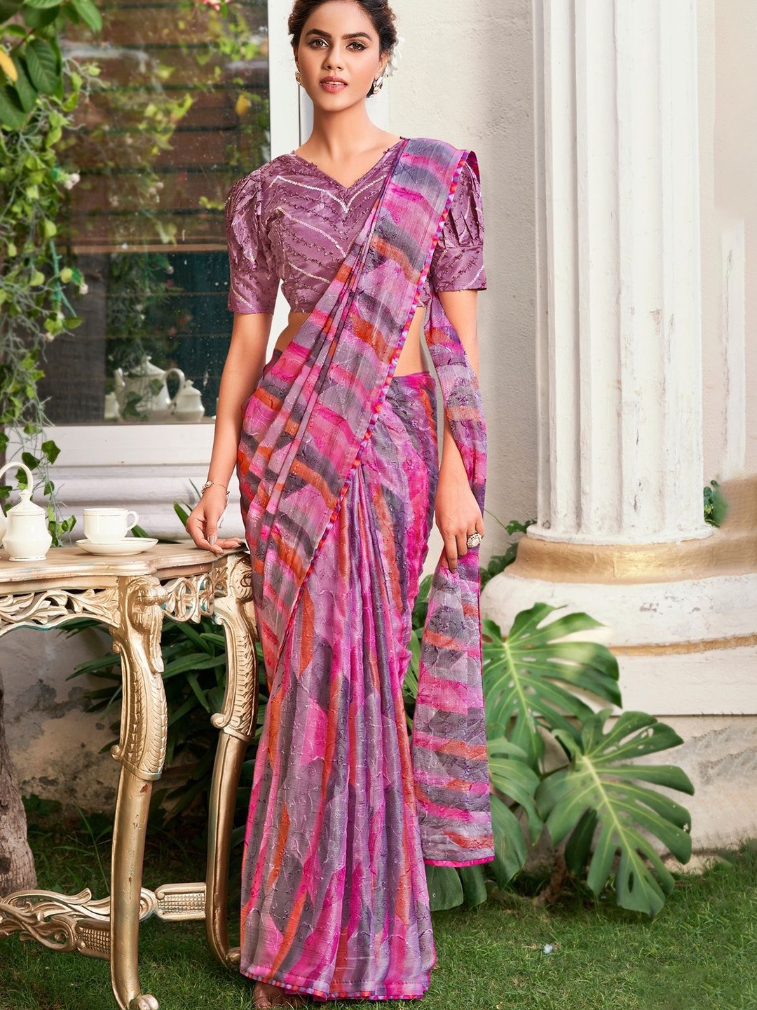 

CHUDIYA Woven Design Pure Chiffon Saree, Purple