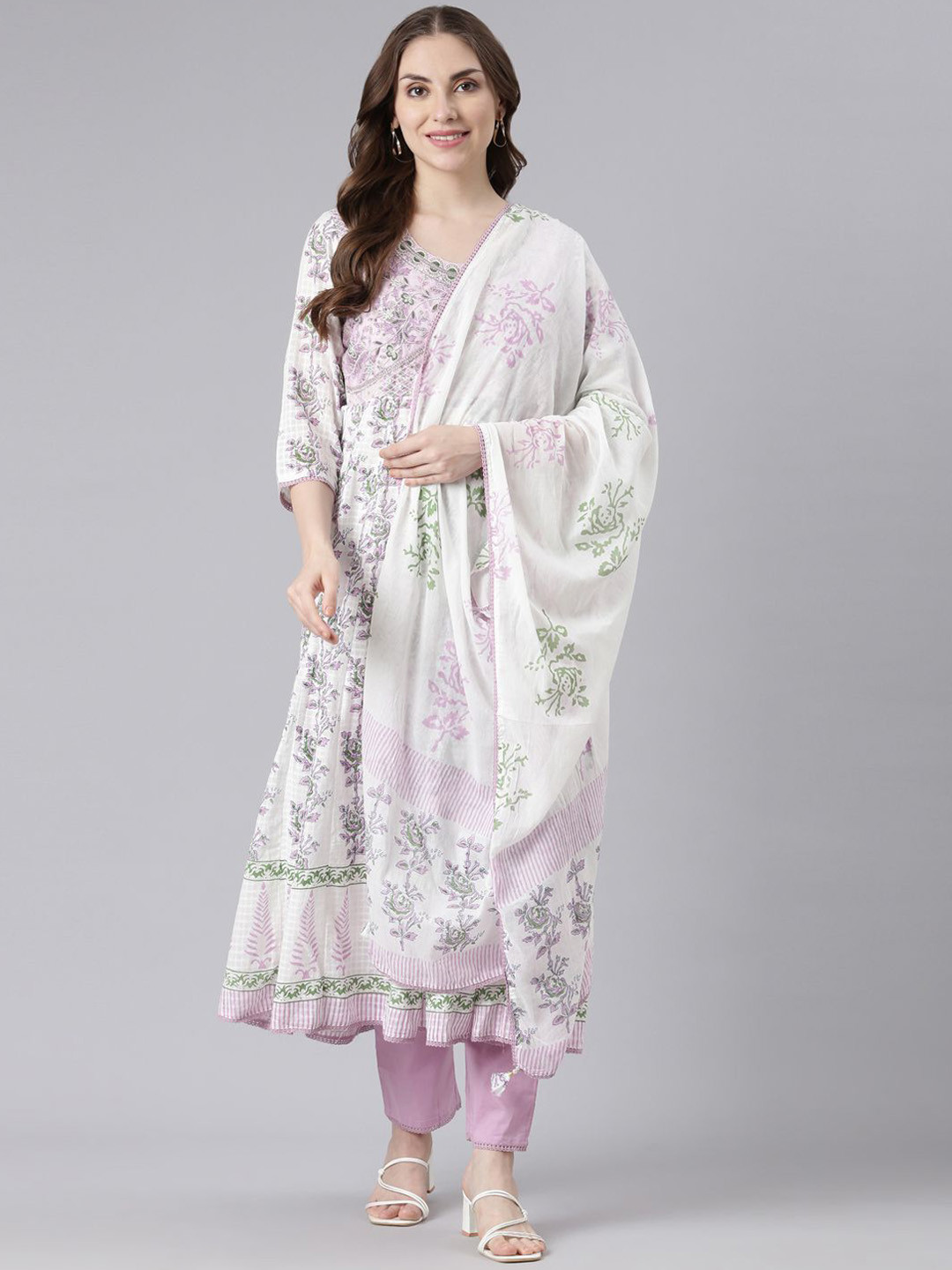 

Neerus Ethnic Motifs Embroidered Aari Work Anarkali Kurta with Trousers & With Dupatta, White