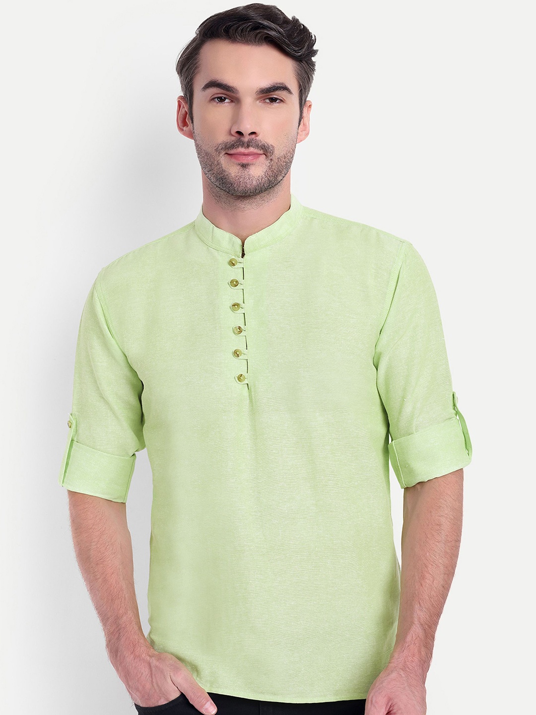 

LIFE ROADS Mandarin Collar Roll-Up Sleeves Cotton Straight Short Kurta, Sea green