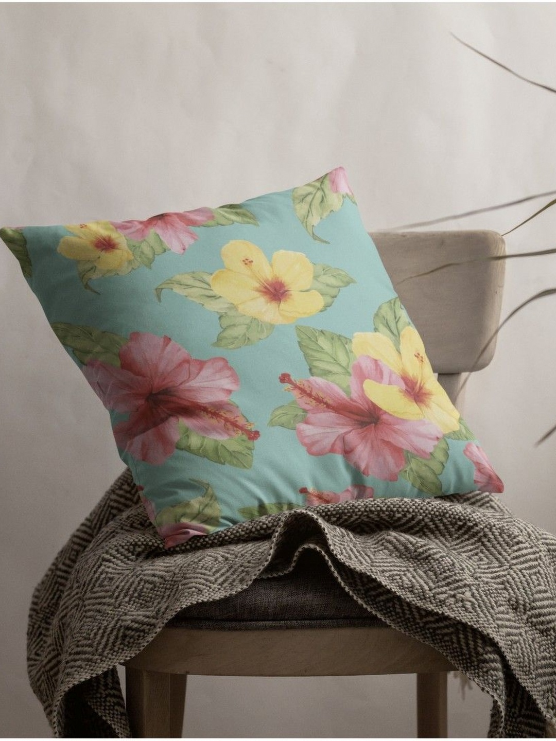 

THEYAYACAFE Green & Pink Floral Printed Velvet Square Cushion Cover