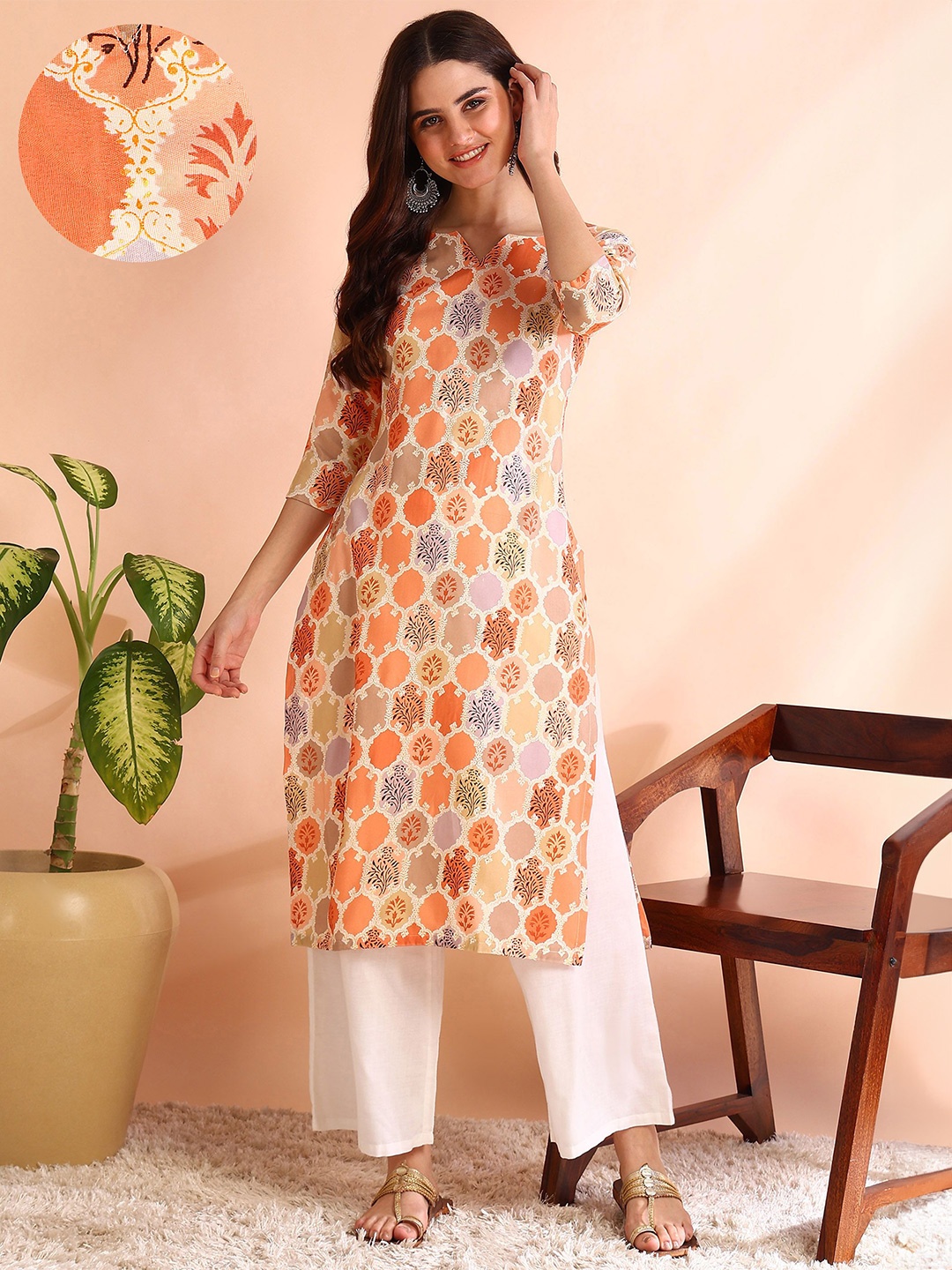 

DSK STUDIO Printed Straight Kurta, Orange