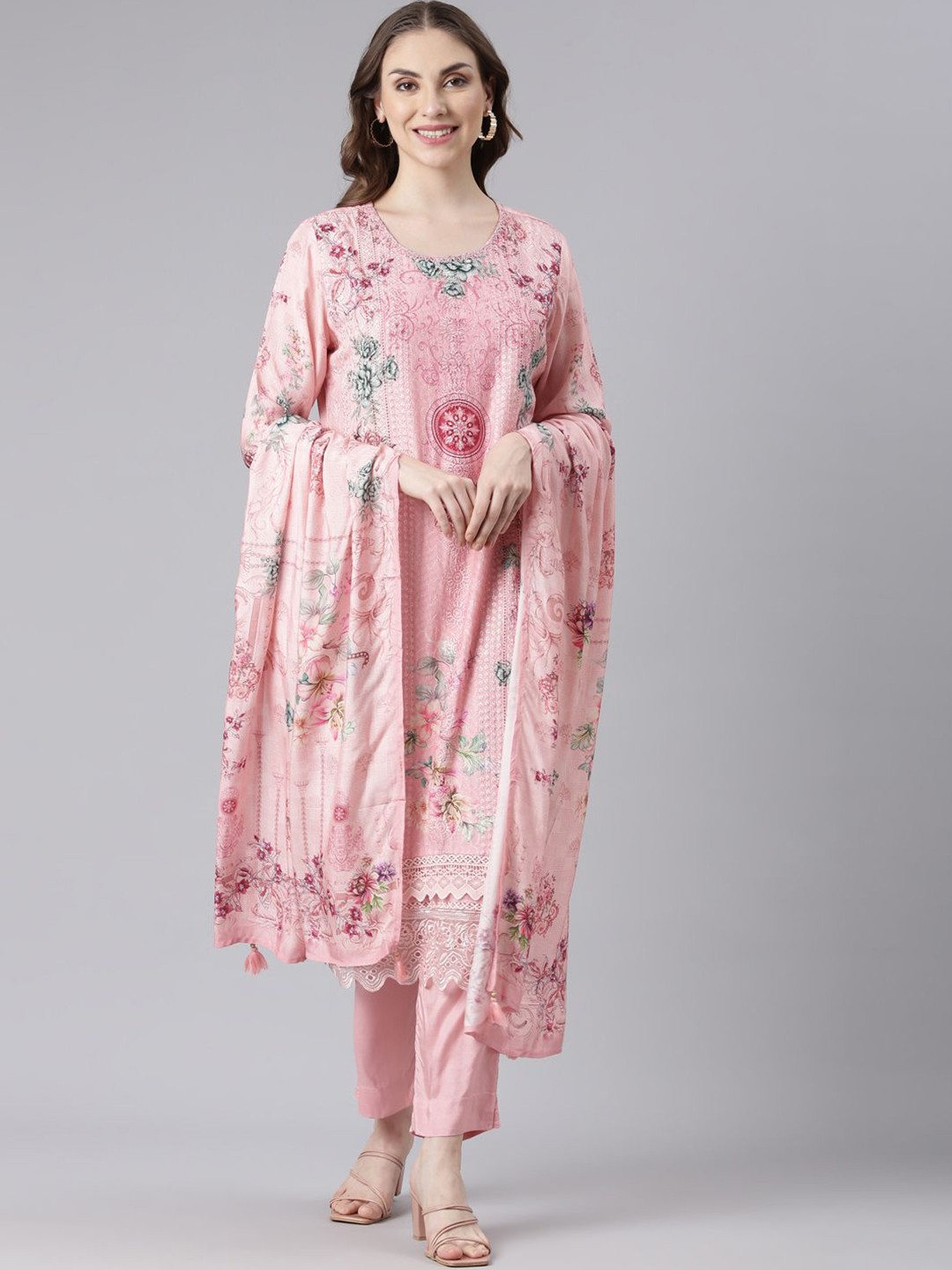 

Neerus Floral Printed Thread Work Straight Kurta with Trousers & With Dupatta, Pink