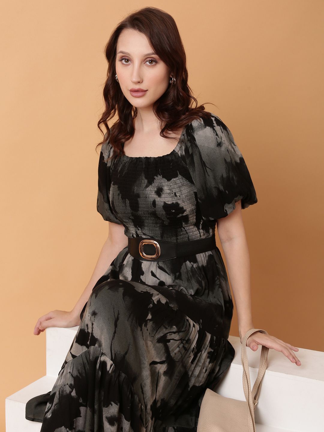 

SHOWOFF Tie and Dye Printed Puff Sleeve Fit & Flare Dress, Black