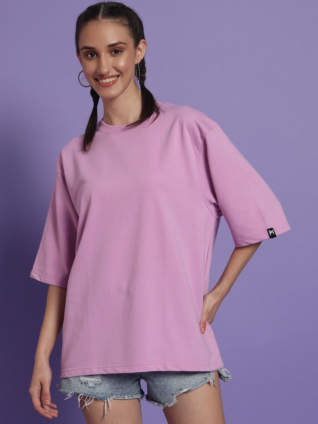 

PockMAN Women Bio Finish Solid Round Neck Pure Cotton Oversized T-shirt, Lavender