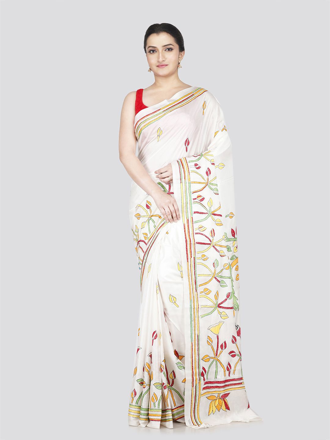 

PinkLoom Floral Embroidered Kantha Work Pure Silk Saree, White