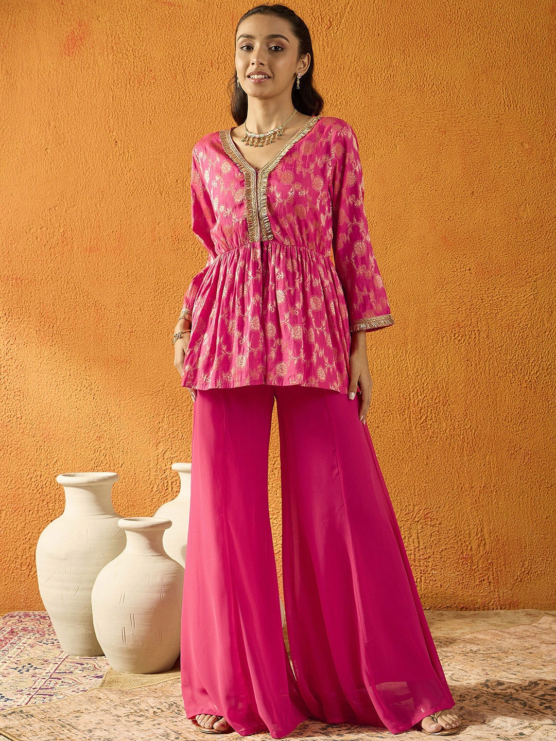 

Noh.Voh - SASSAFRAS Kids Girls Woven Design Brocade Peplum Top with Palazzos, Fuchsia