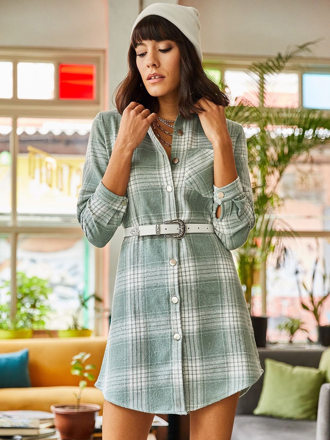 

Olalook Checked Shirt Dress, Grey