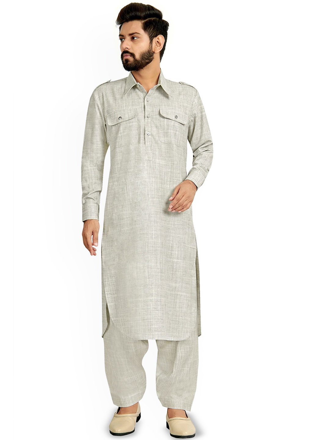 

Nimayaa Mandarin Collar Pathani Kurta, Grey