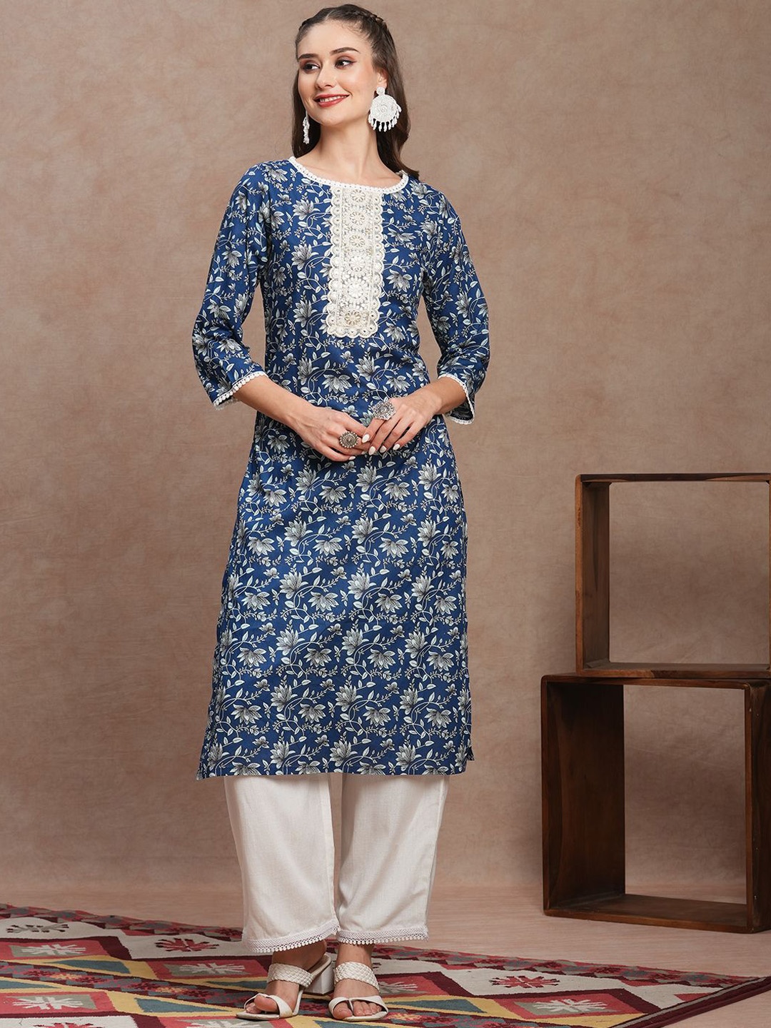 

FASHOR Floral Printed Mirror Work Cotton Straight Kurta, Blue