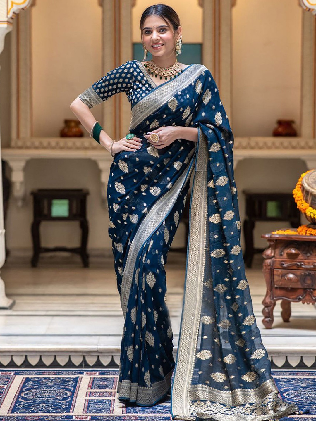 

Aldwych Woven Design Zari Banarasi Saree, Teal