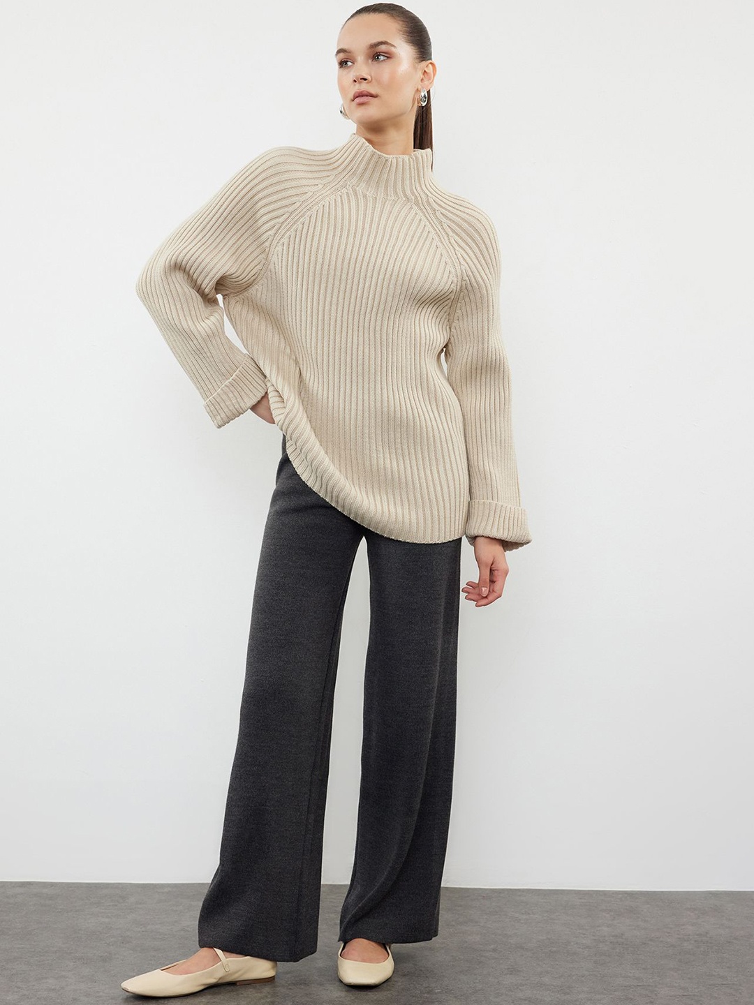 

Trendyol Striped Acrylic Sweater & Trouser, Beige