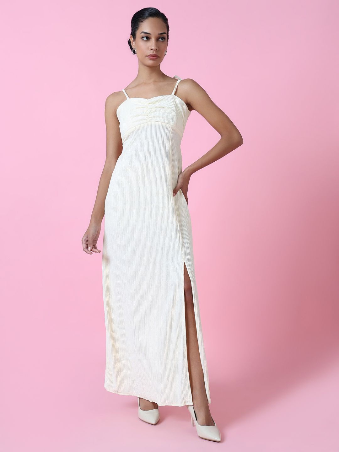 

SHOWOFF Solid Party Self Design Shoulder Straps Maxi Dress, Cream