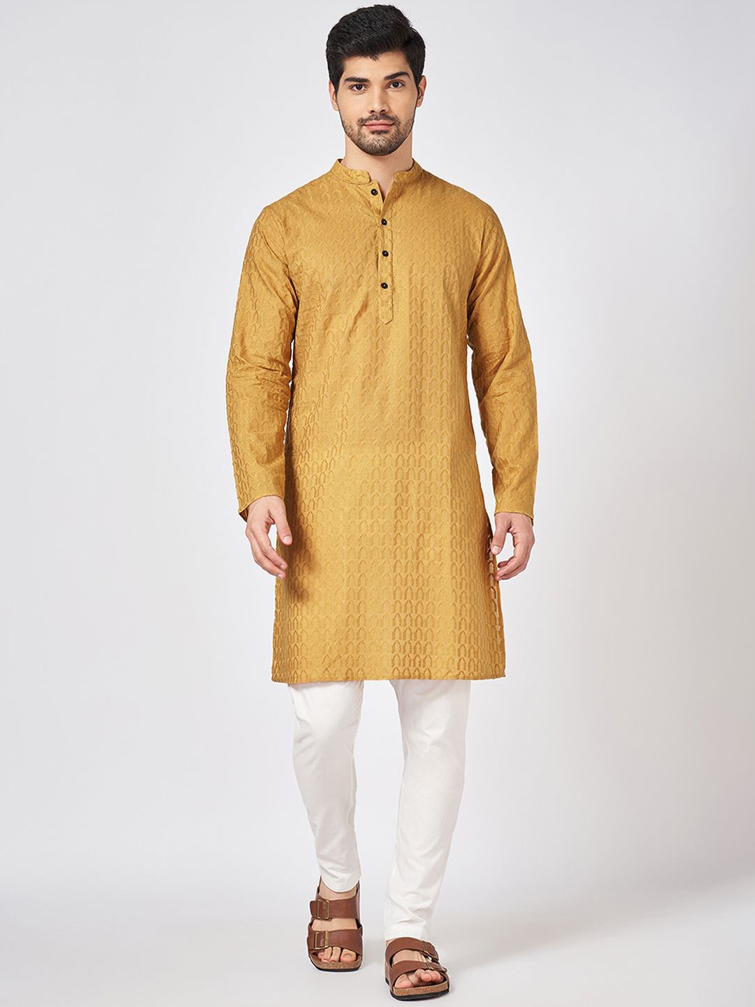 

indus route by Pantaloons Mandarin Collar Geometric Thread Work Straight Kurta, Tan