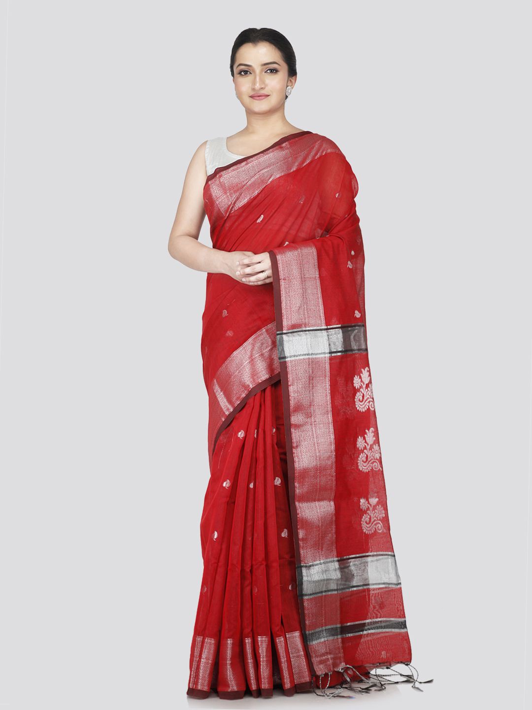 

PinkLoom Floral Zari Saree, Red