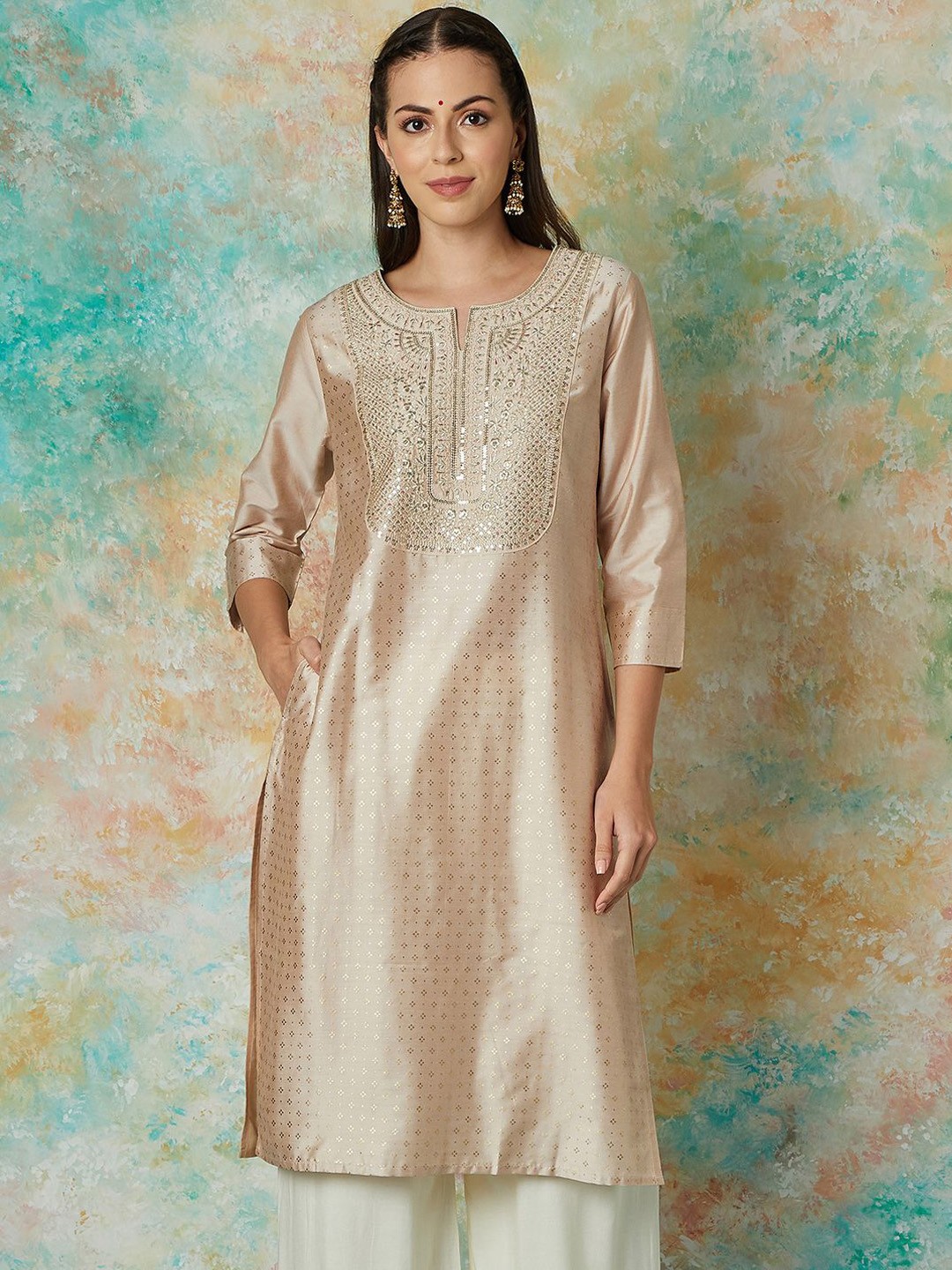

Melange by Lifestyle Ethnic Motifs Printed Thread Work Straight Kurta, Mauve