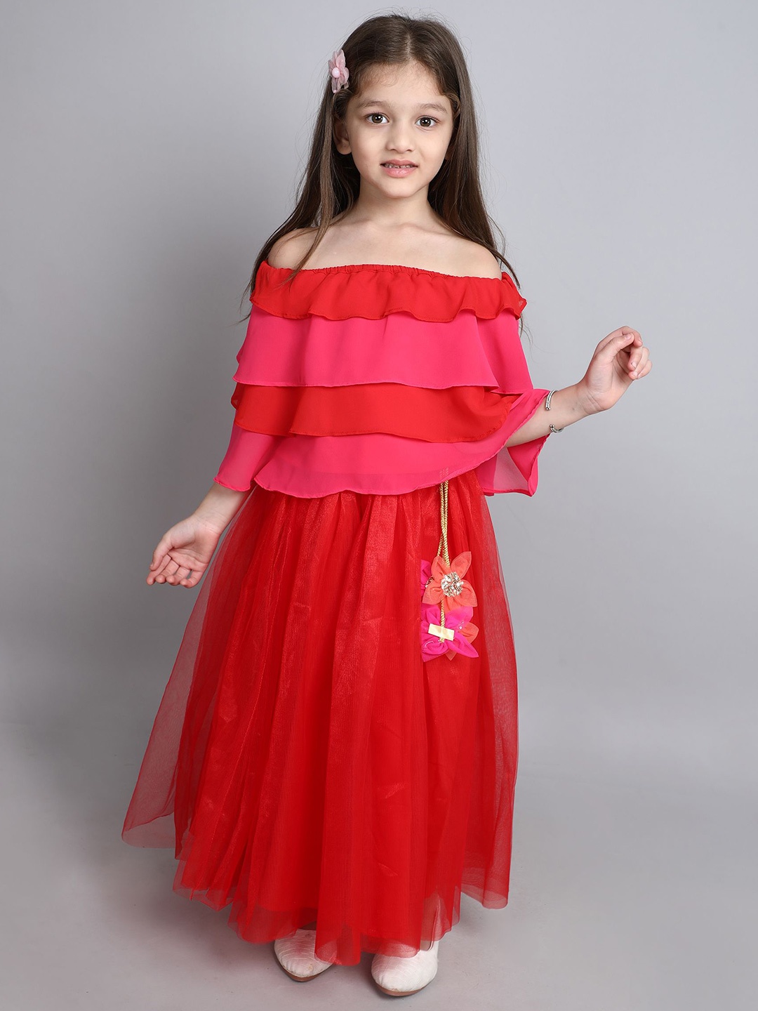 

MANY FROCKS & Girls Off-Shoulder Ready to Wear Lehenga With Blouse, Red