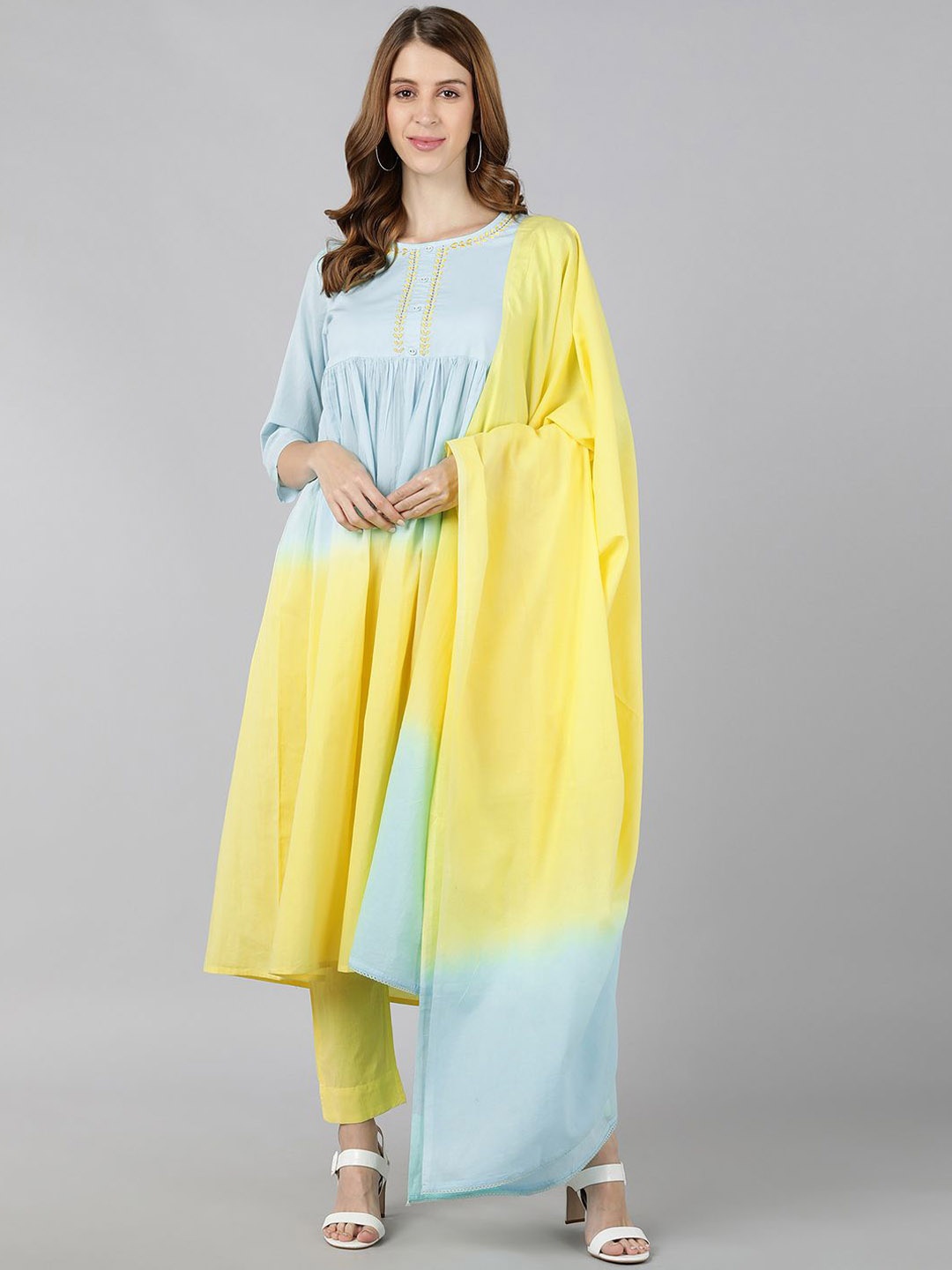 

CHIRAAI Dyed Thread Work A-Line Kurta withTrousers & Dupatta, Yellow