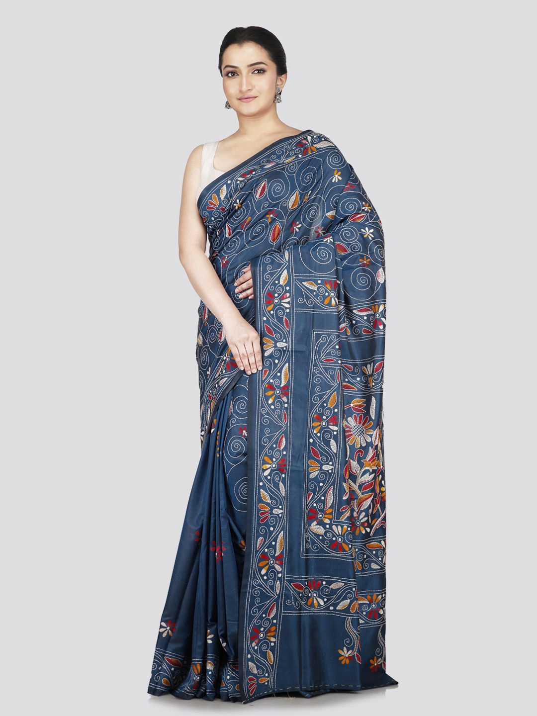 

PinkLoom Floral Kantha Work Pure Silk Saree, Blue