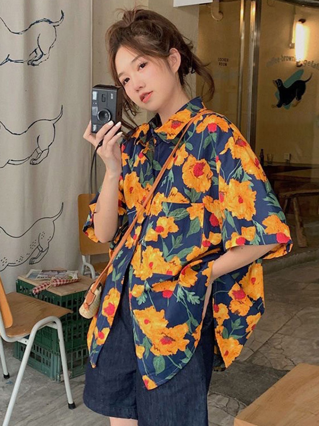 

LULU & SKY Floral Print Mandarin Collar Extended Sleeves Top, Blue