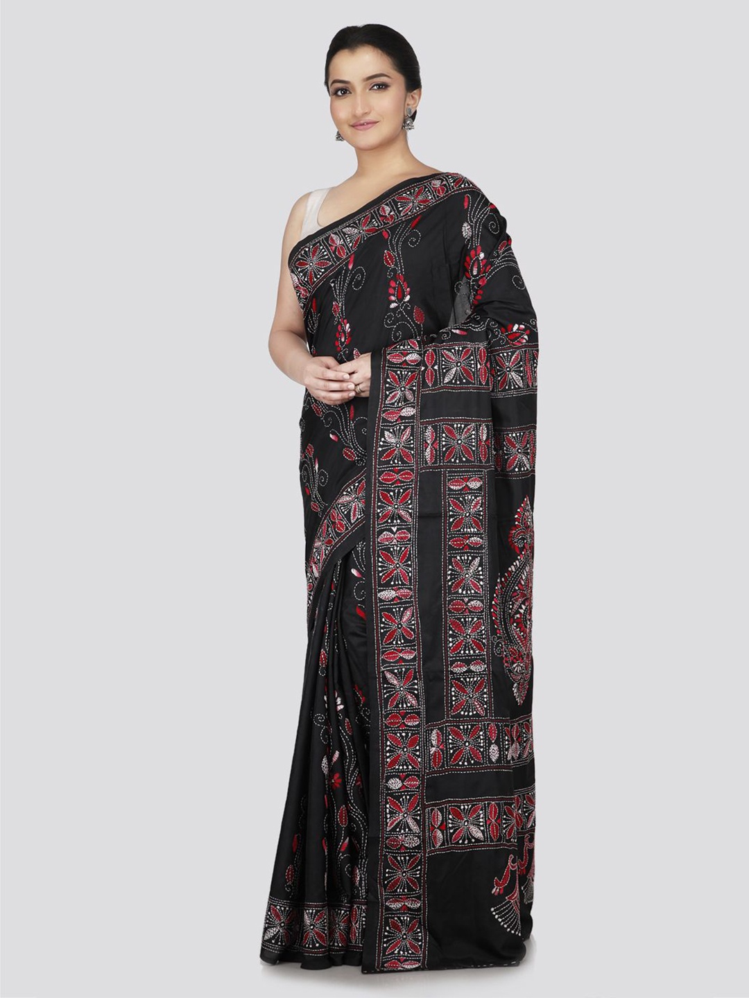 

PinkLoom Floral Kantha Work Pure Silk Saree, Black