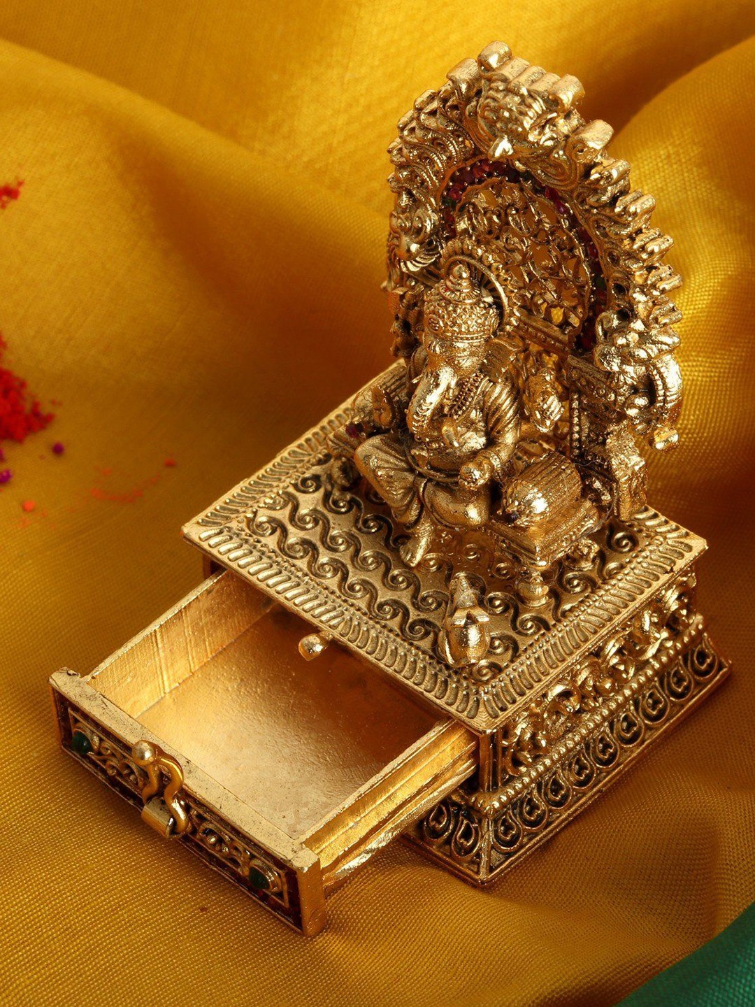 

Exotic India Lord Vinayaka (Ganesha) Sindoor Drawer (Brass With Stone Work), Gold