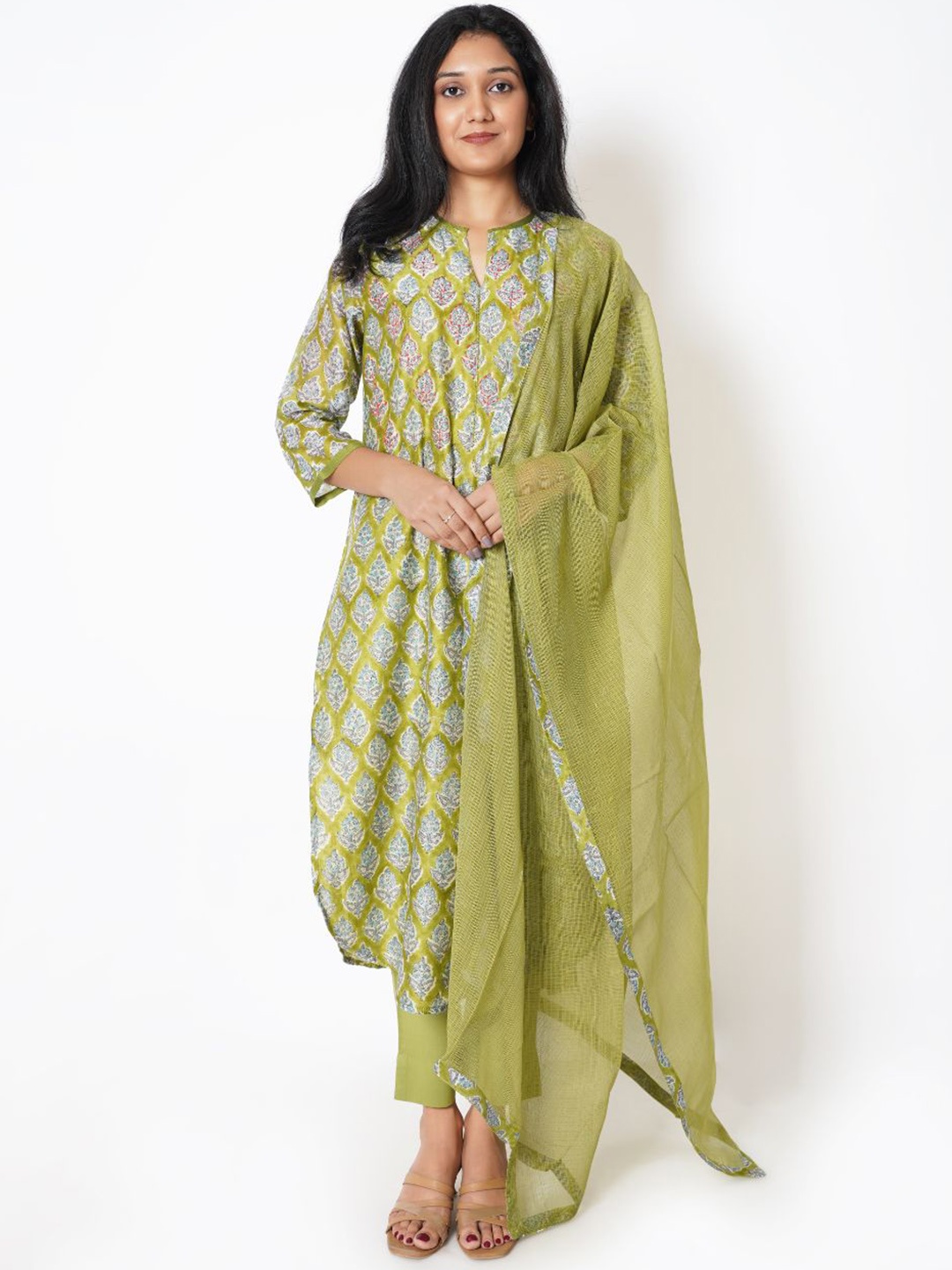 

Kameez by Pooja Kejriwal Floral Printed Regular Chanderi Silk Straight Kurta with Trousers, Olive