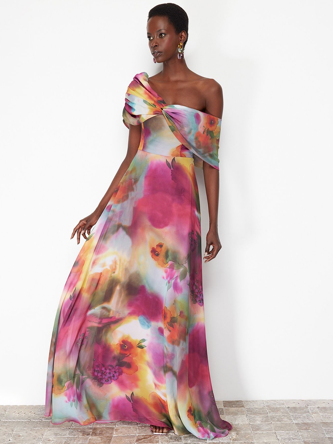 

Trendyol Floral Printed Dyed Flared Sleeve Maxi Dress, Pink