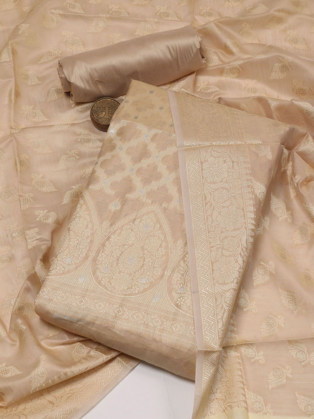 

Meena Bazaar Ethnic Motifs Woven Design Zari Unstitched Dress Material, Beige