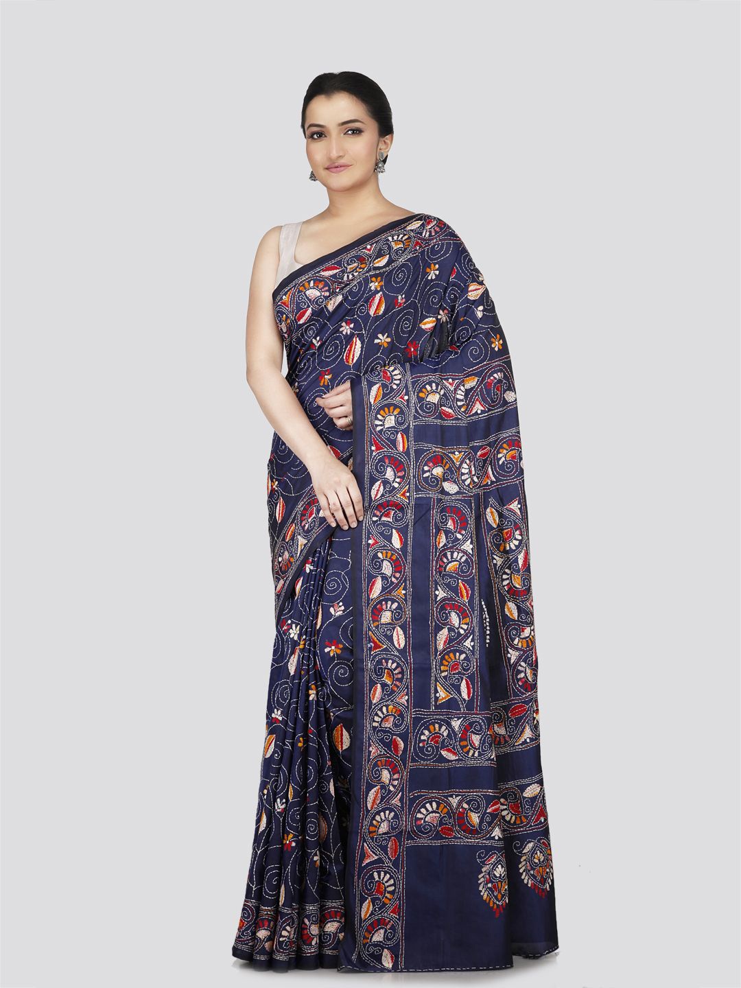 

PinkLoom Floral Kantha Work Pure Silk Heavy Work Saree, Blue