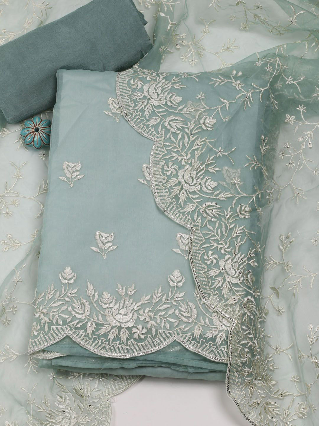

Meena Bazaar Floral Embroidered Sequinned Organza Unstitched Dress Material, Sea green