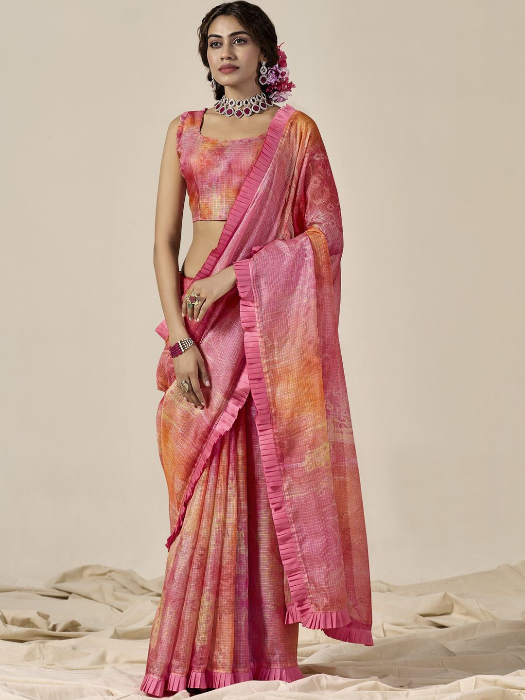 

CHUDIYA Floral Printed Ruffle Border Saree, Pink