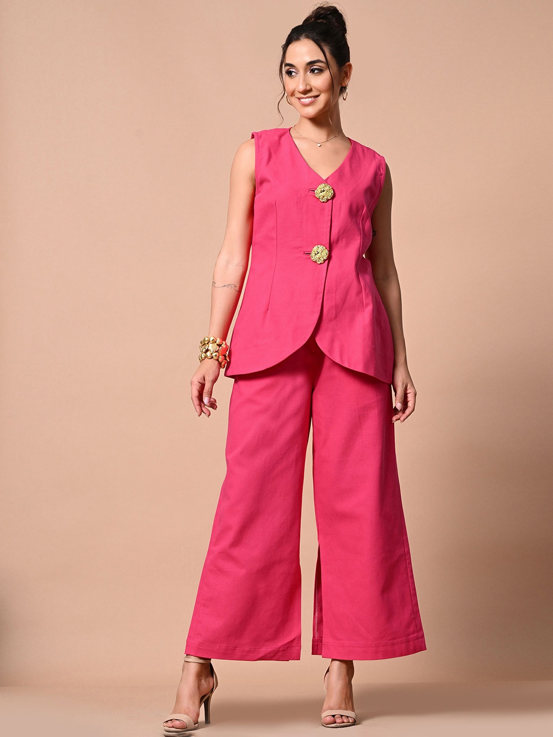 

PANKH V-Neck Sleeveless Coat With Trouser, Pink