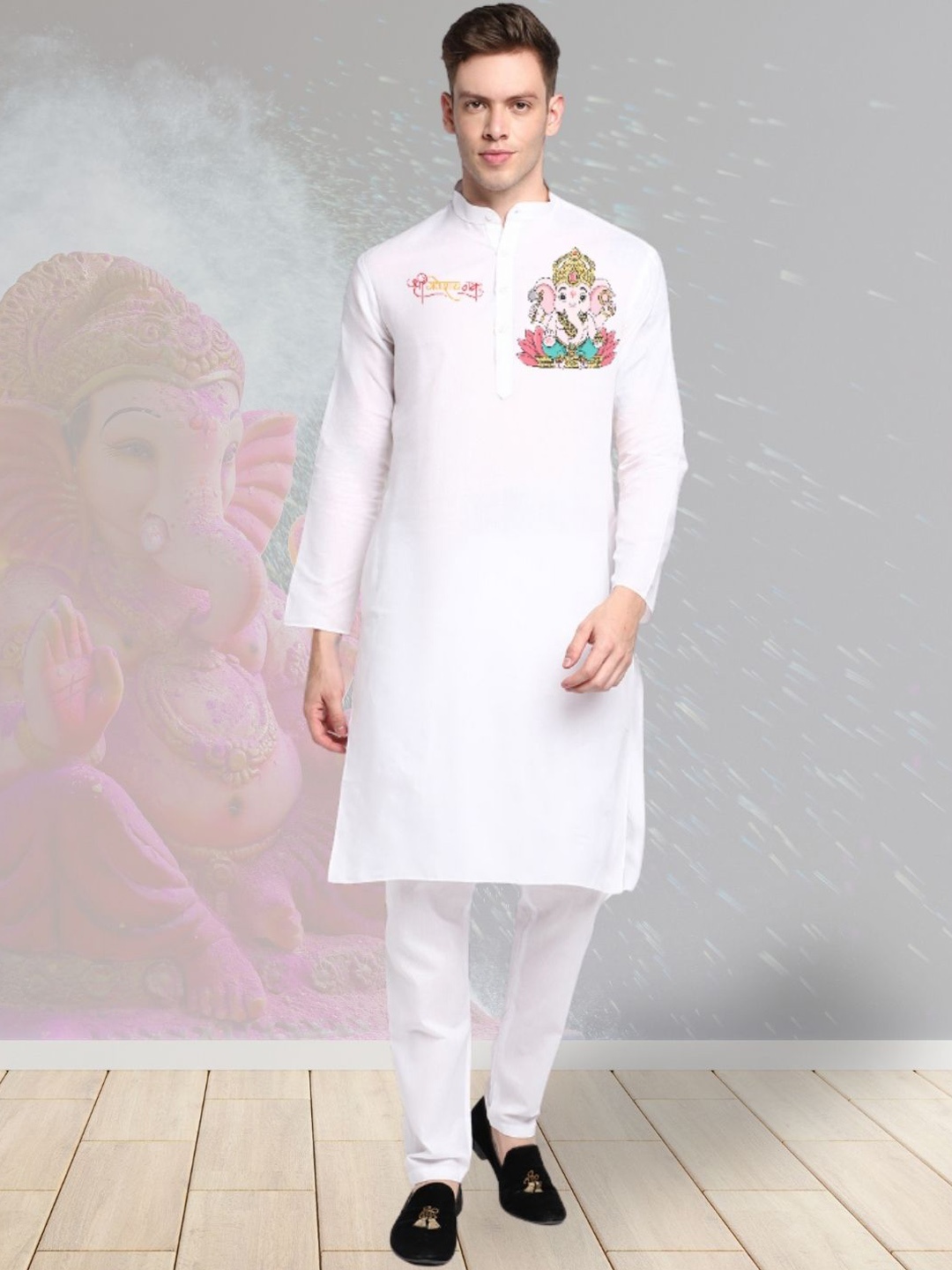 

DEVOILER Ethnic Motifs Printed Mandarin Collar Cotton Straight Kurta, White