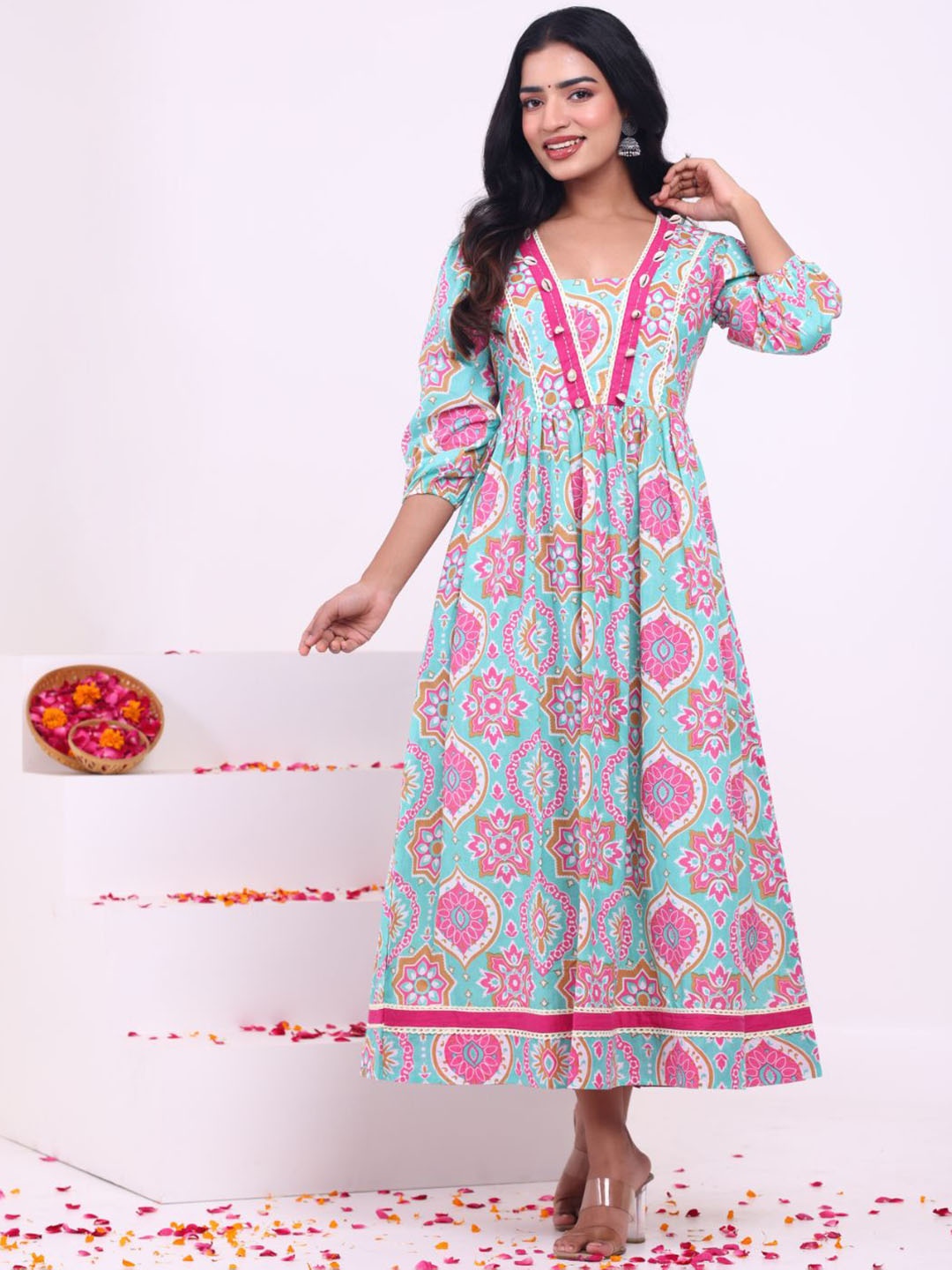 

KALINI Floral Printed Regular Cotton Anarkali Kurta, Green