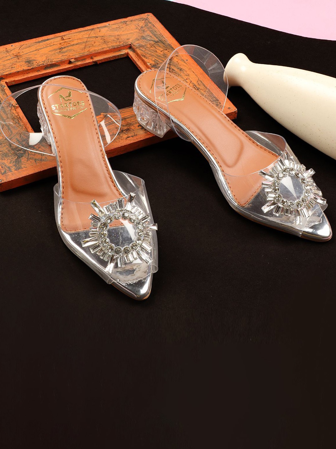 

STARTOES Embellished Party Block Gladiators with Buckles Heels, Silver