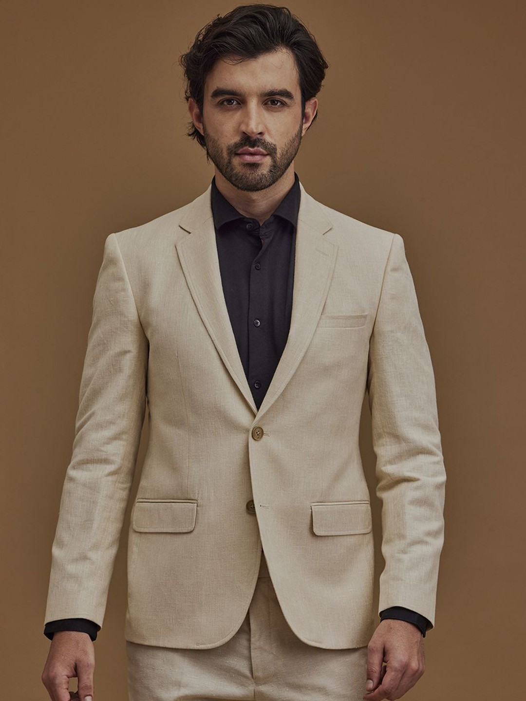 

Neumen Notched Lapel Collar Single Breasted Blazer, Beige