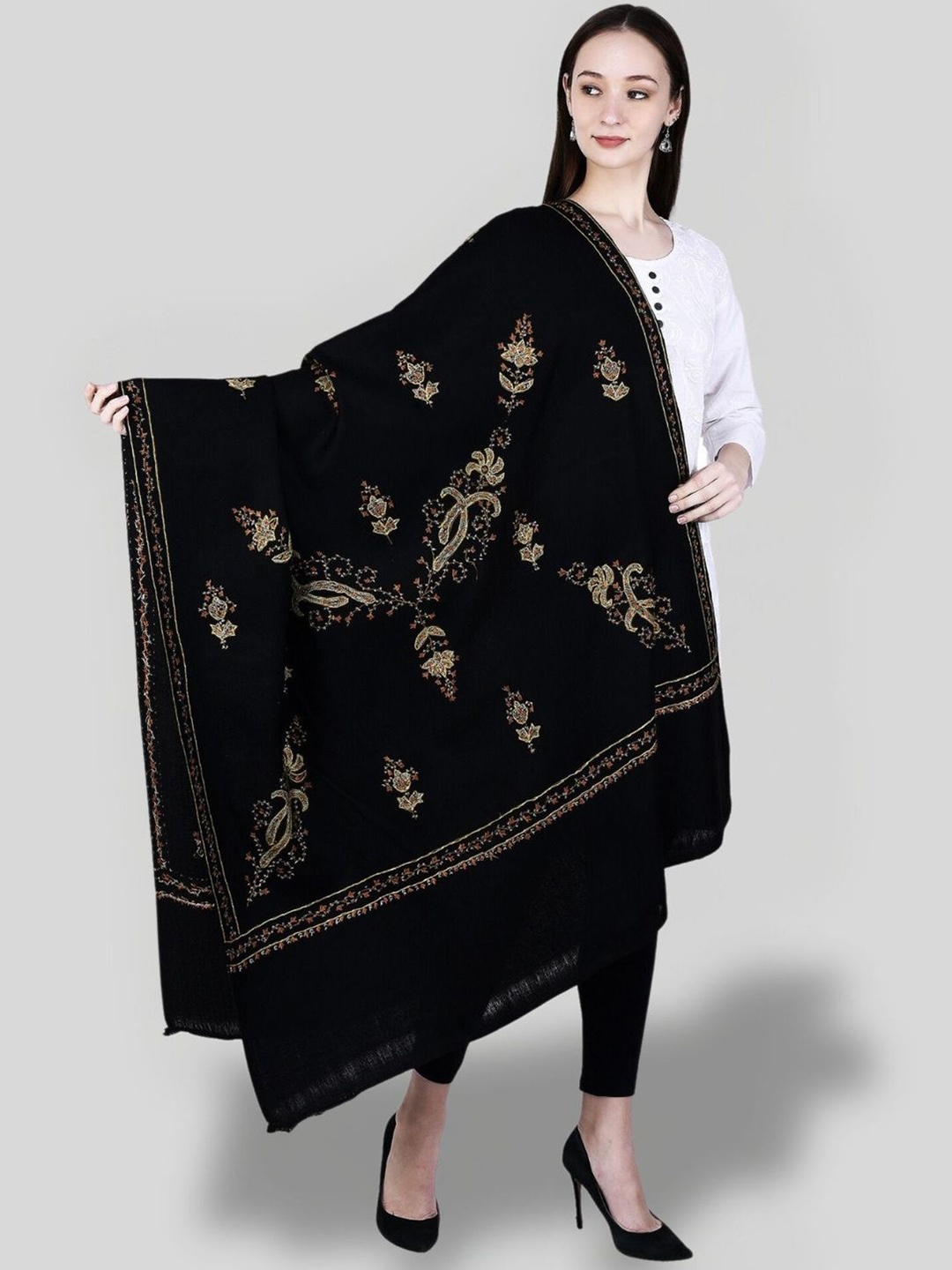 

SWI Stylish Floral Embroidered Pure Woollen Shawl, Black