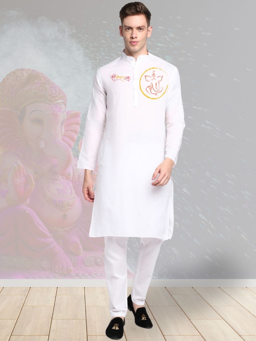 

DEVOILER Ethnic Motifs Printed Mandarin Collar Cotton Straight Kurta, White