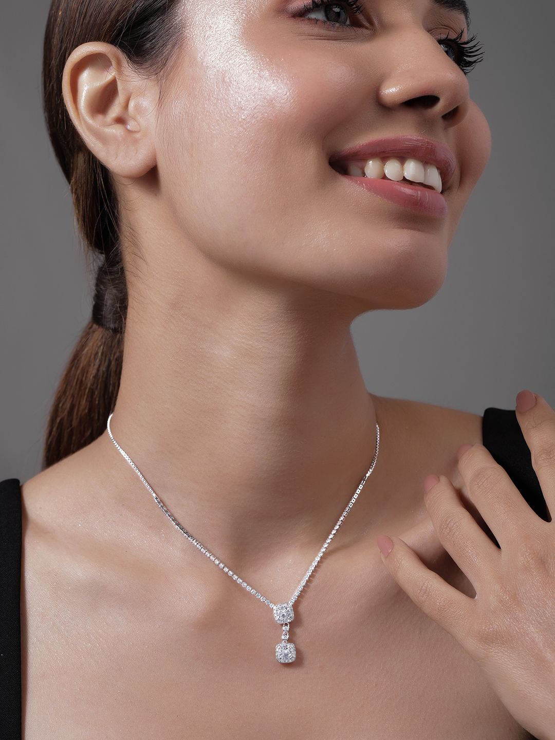 

Rubans Rhodium Plated Cubic Zirconia Studded Pendant Necklace with Adjustable Chain, Silver