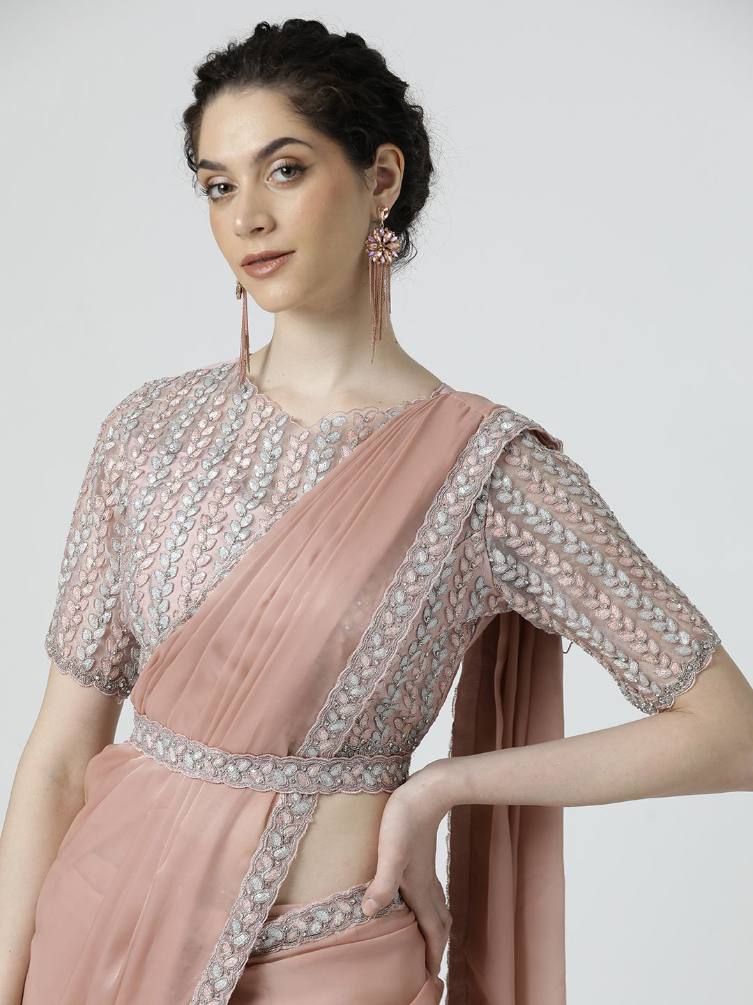 

Jaipur Kurti Sequinned Organza Saree, Coral