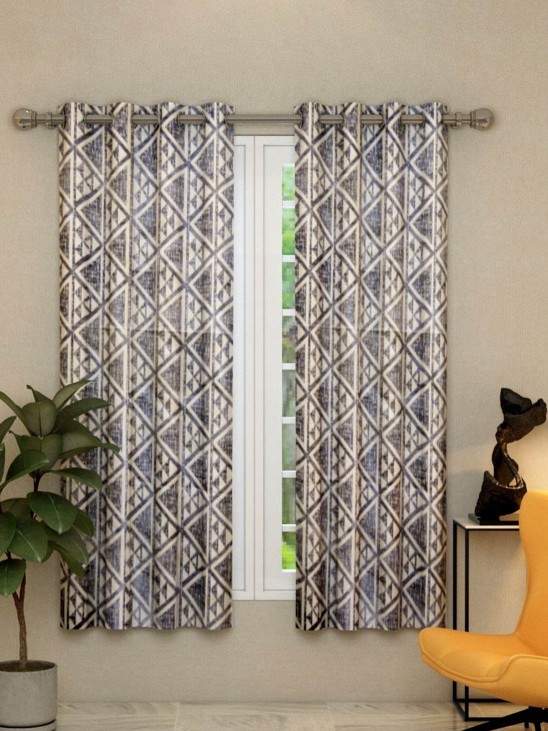 

Aura Grey & Off White 2 Pieces Geometric Window Curtains